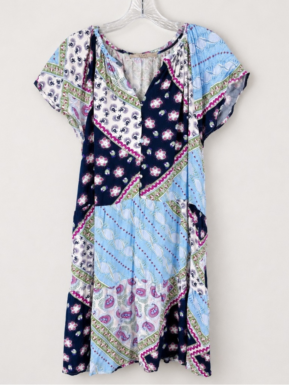 LOFT Patchwork Floral Boho Dress XLP Blue Purple Viscose Y2K
